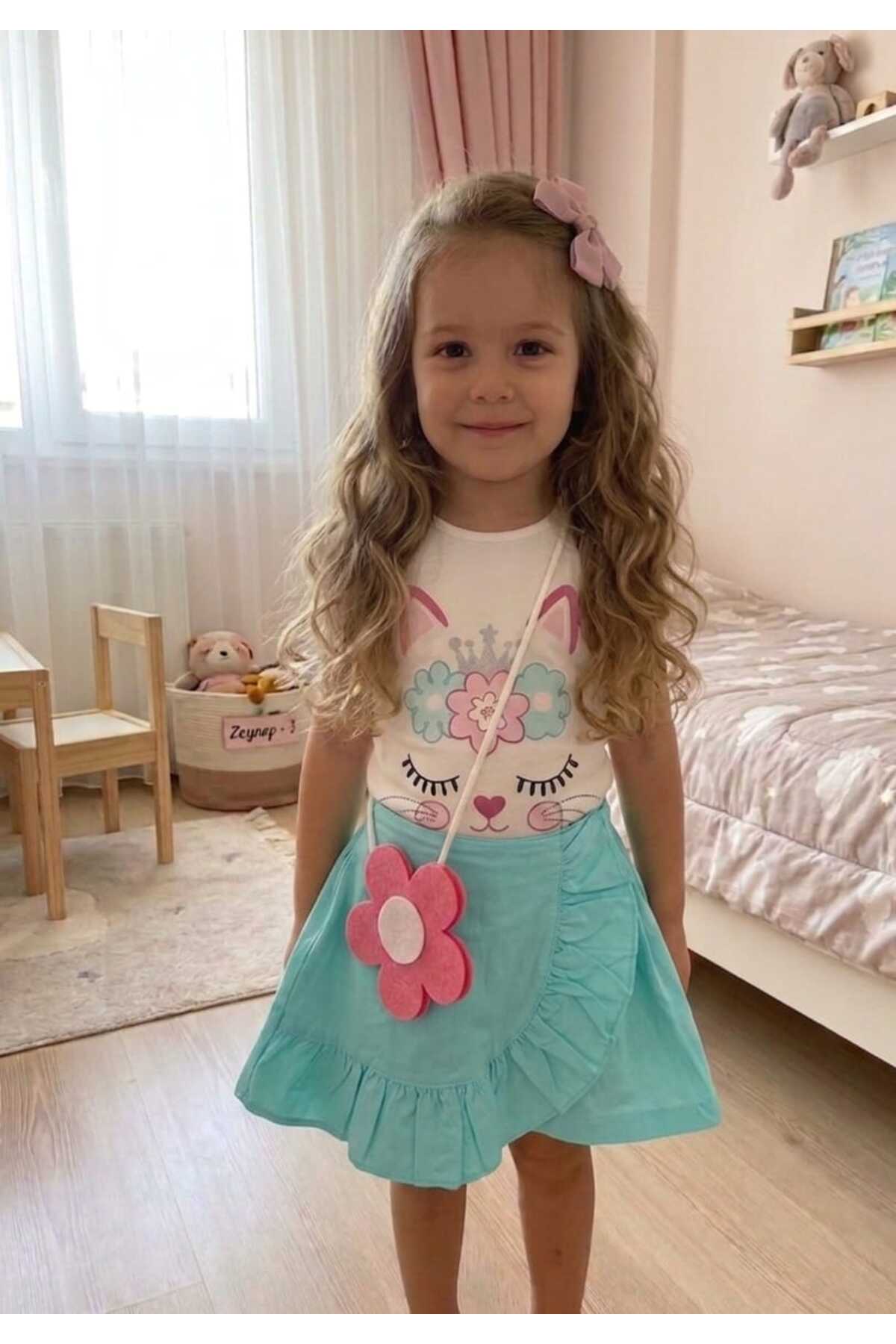 Kız Çocuk Şık Çantalı Doğum Günü Kutlama Prenses Günlük Tşirt ŞortEtek Takım