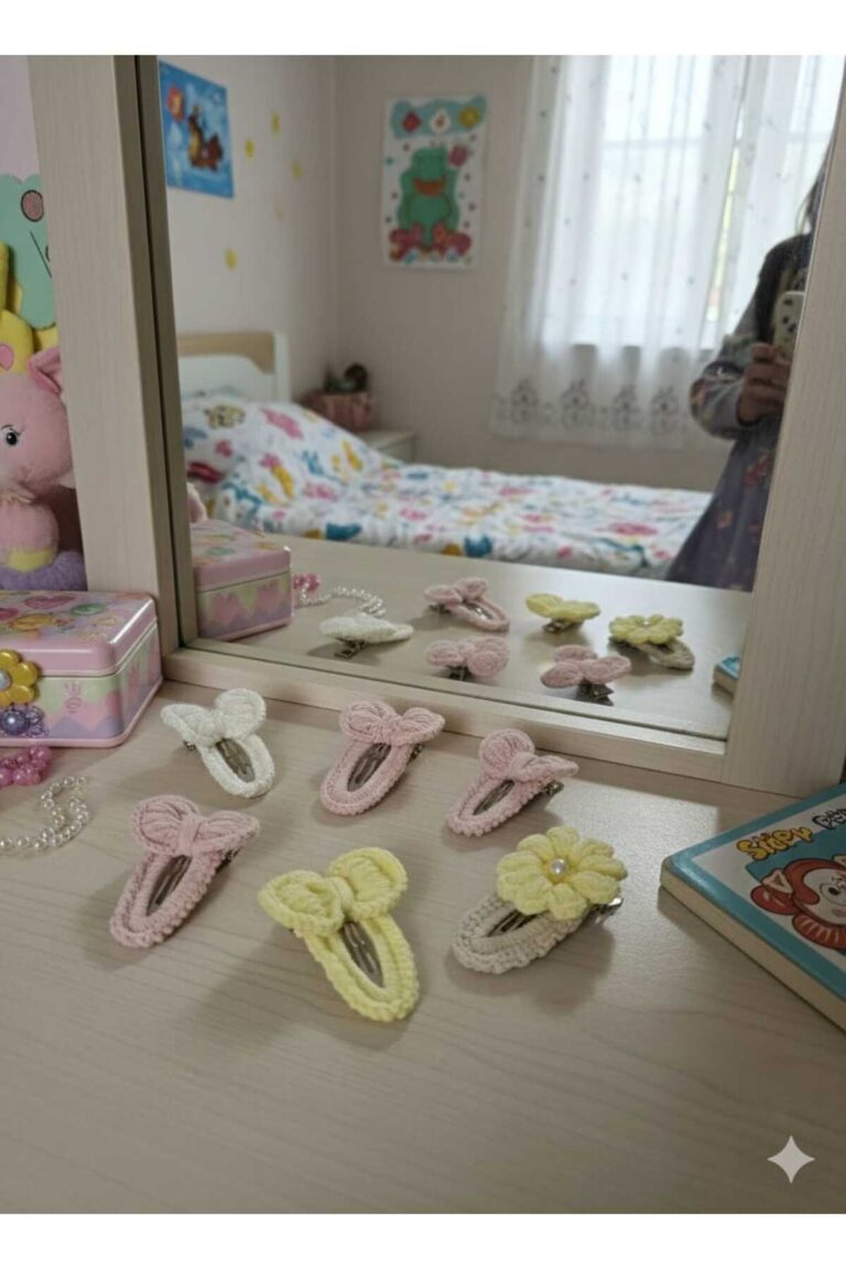 Kız Çocuk Bebek Örgü Tasarım Kurdele Çiçek Figürlü Hediye Toka Seti