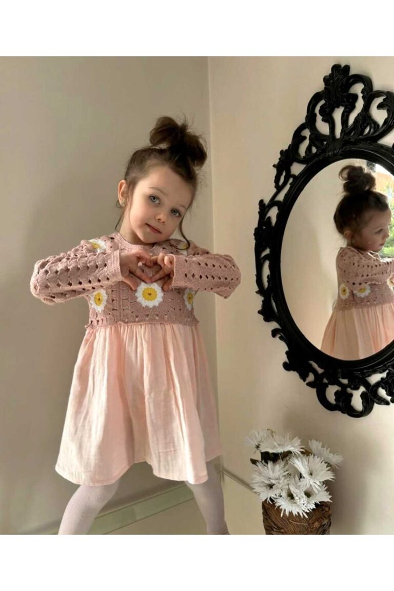 Kız Çocuk Çiçek Desenli Kroşe Müslin Pamuklu Prenses Hediye Doğum Günü Şık Elbise