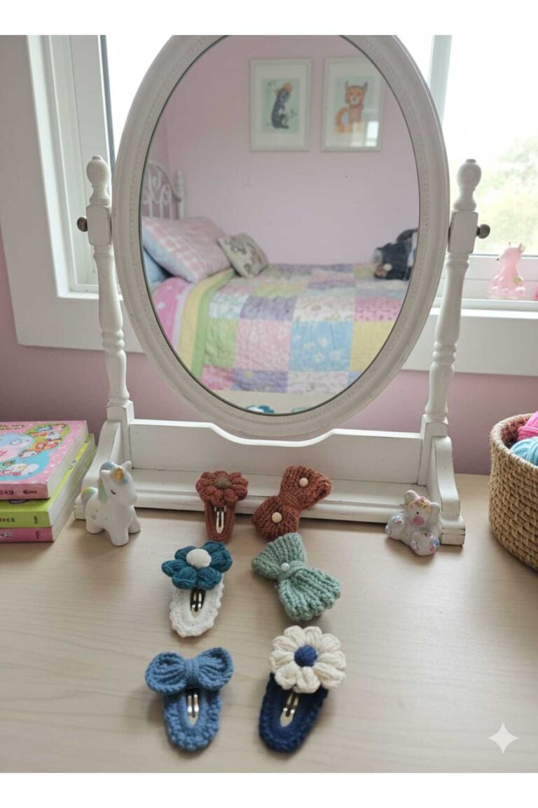 Kız Çocuk Bebek Örgü Tasarım Kurdele Çiçek Figürlü Hediye Toka Seti