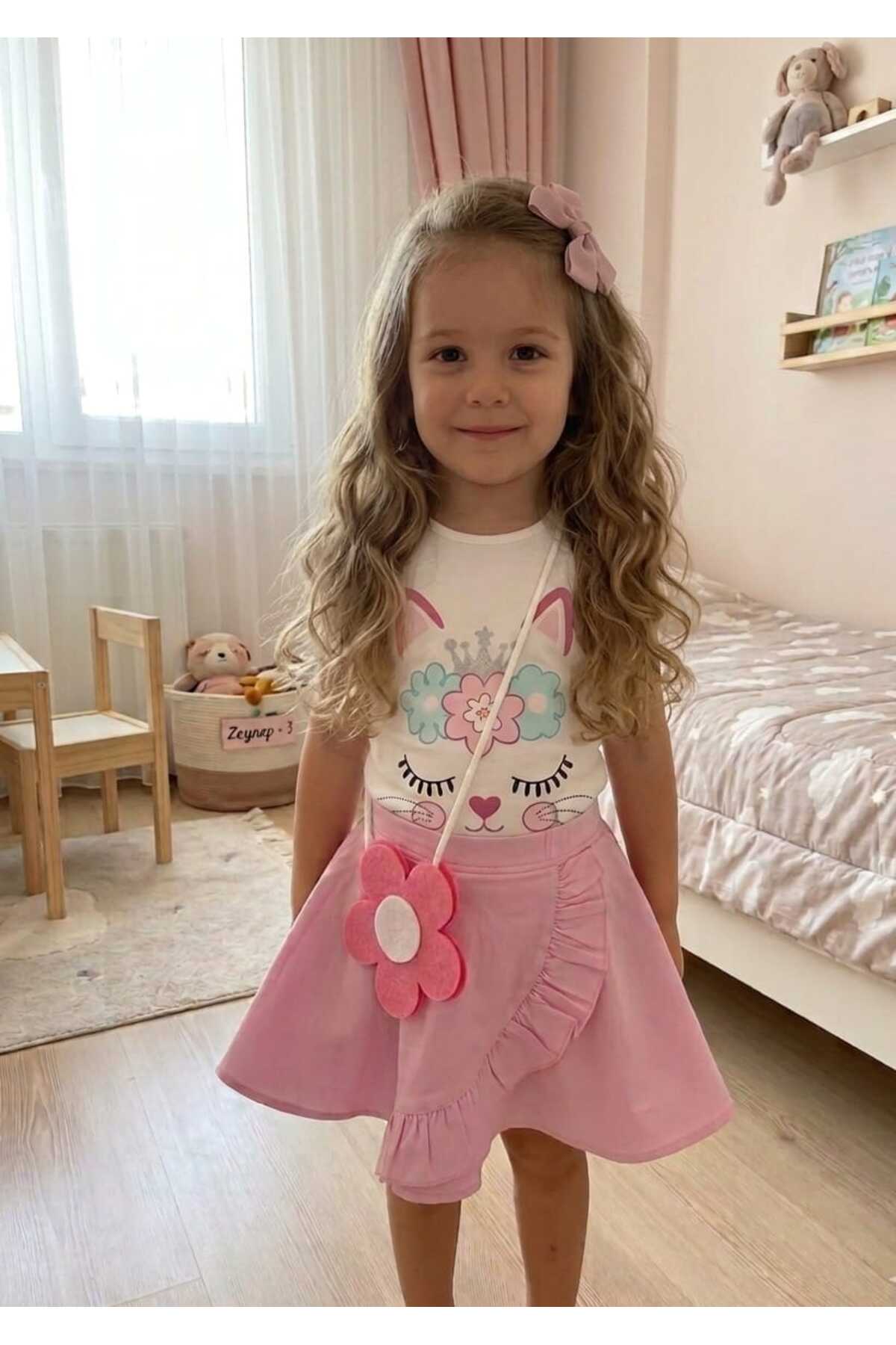 Kız Çocuk Şık Çantalı Doğum Günü Kutlama Prenses Günlük Tşirt ŞortEtek Takım