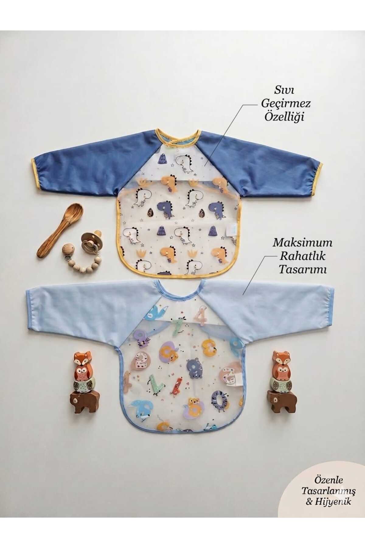 Erkek Bebek Figürlü Uzun Kollu Su Geçirmez Mama Önlüğü