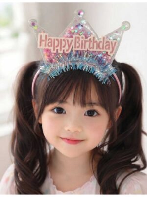 Kız Çocuk Pembe Parlak Işıltılı Pullu Happy Bırtday Kutlama Doğum Günü Tacı Taç