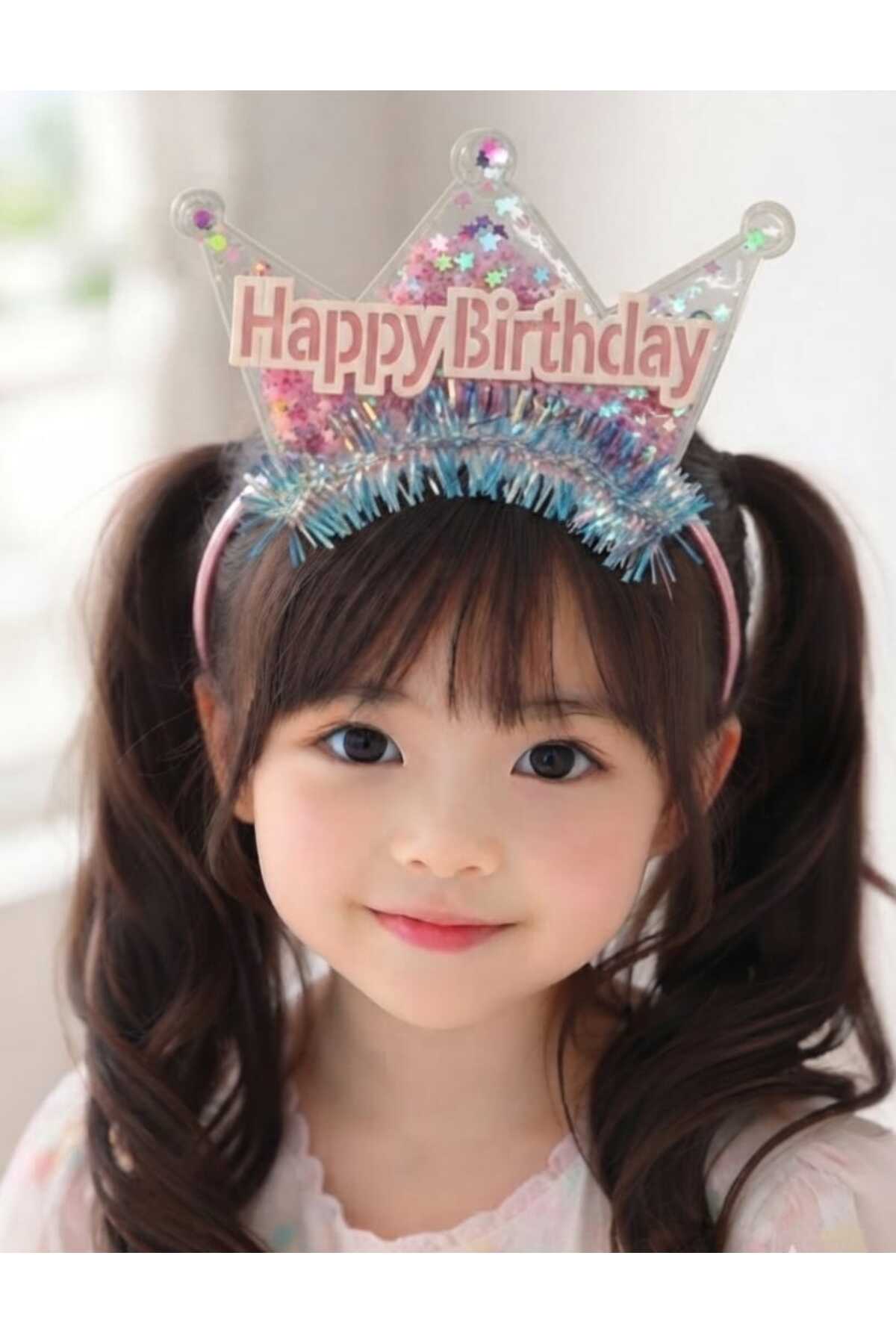 Kız Çocuk Pembe Parlak Işıltılı Pullu Happy Bırtday Kutlama Doğum Günü Tacı Taç