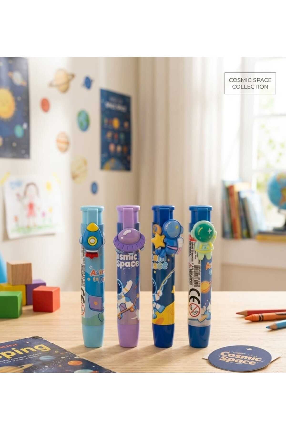 Uzay Astranot Cosmic Desenli Dörtlü Kalem Vip Silgi Set Okul Gereç Kırtasiye Silgi