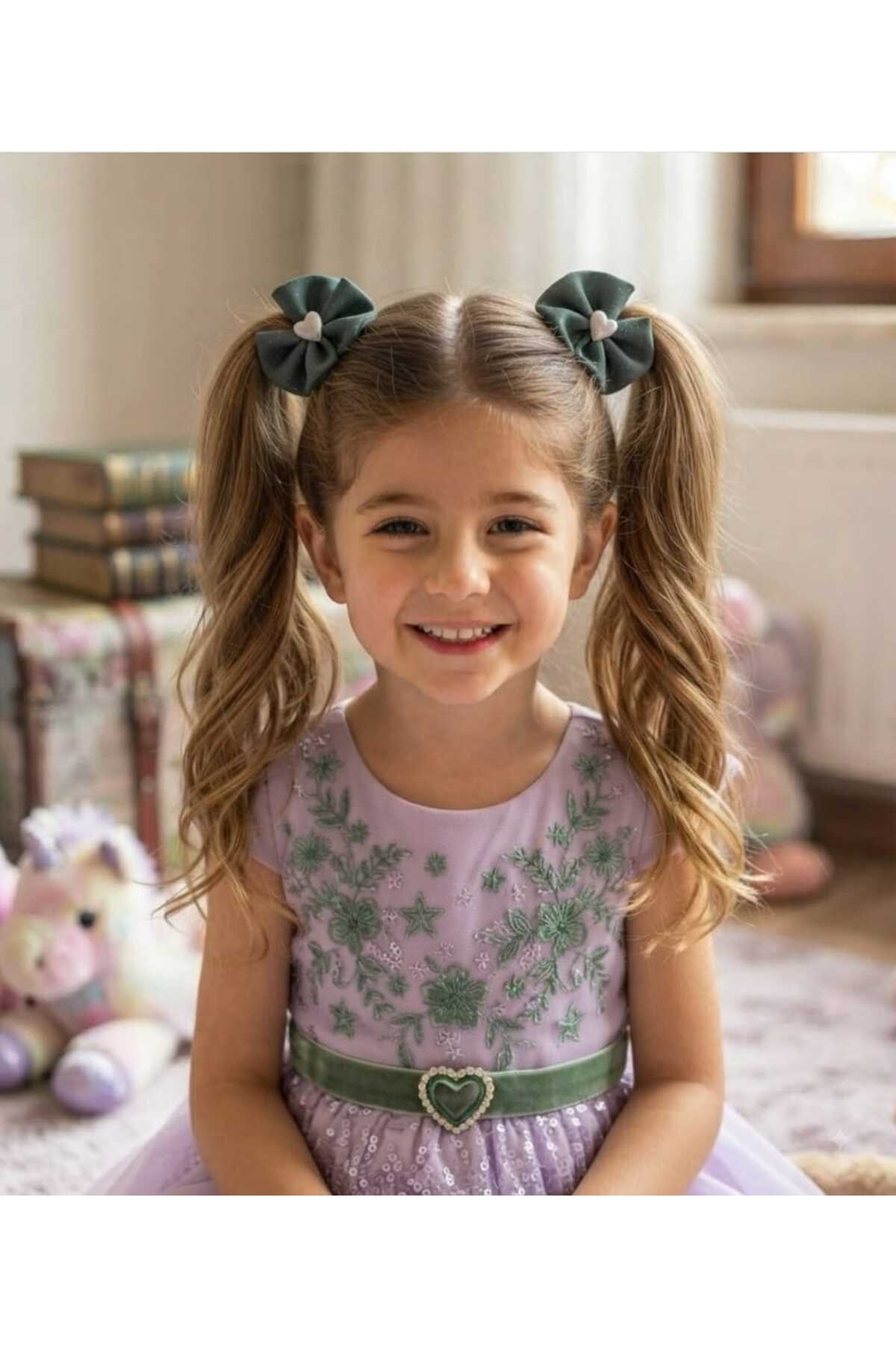 Kız Çocuk Parlak Turkuaz Gümüş Kalp Detaylı Parlak Kurdele Doğum Günü Hediye Prenses Klips Toka Seti(4 Adet) - Görsel 3