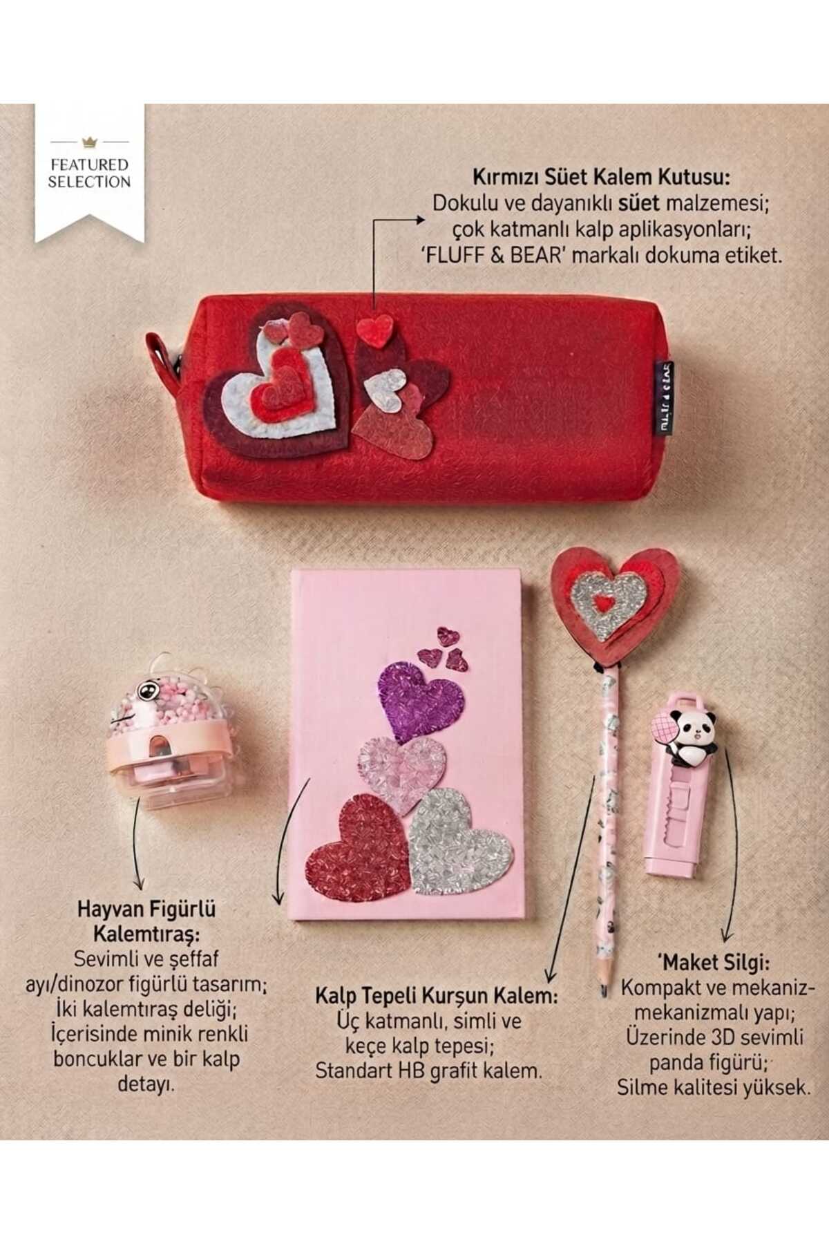 Kız Çocuk Kırmızı Kalpler Figürlü Doğum Günü Okula Başlama Karne Hediye Seti Kırtasiye Seti - Görsel 2