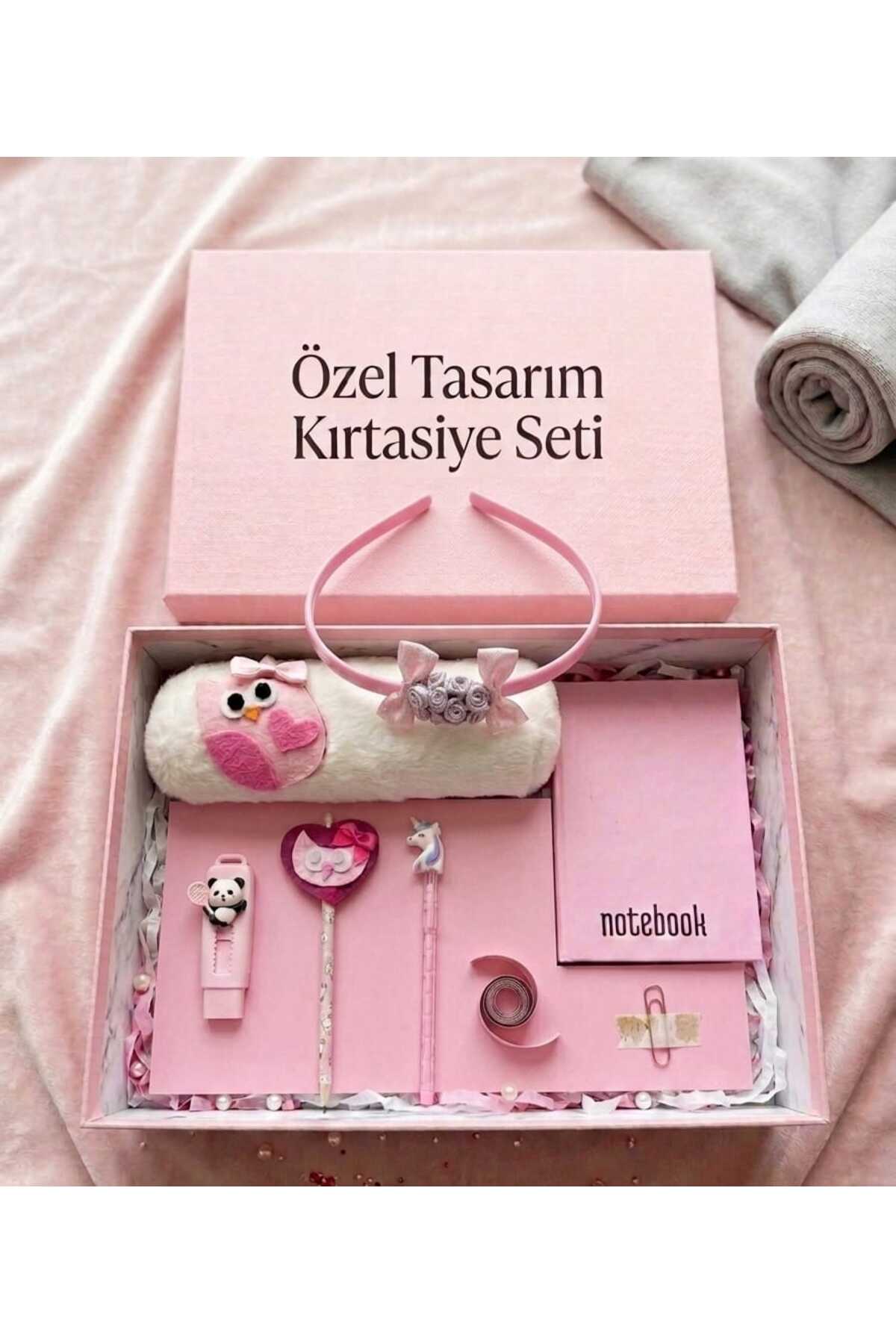 Kız Çocuk Pembe Baykuş Kalp Tasarım Taç Figürlü Renkli Hediye Kırtasiye Seti