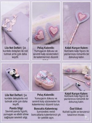 Alternative view of Kız Çocuk Mor Pembe Kalp Desenli Figürlü Keçe Detaylı Doğum Günü Okula Başlama Kırtasiye Hediye Seti (5 ADET ÜRÜN)
