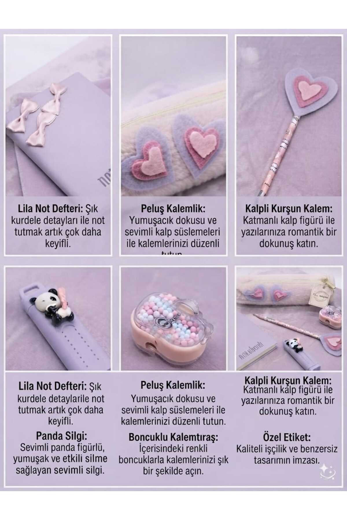 Kız Çocuk Mor Pembe Kalp Desenli Figürlü Keçe Detaylı Doğum Günü Okula Başlama Kırtasiye Hediye Seti (5 ADET ÜRÜN) - Görsel 2