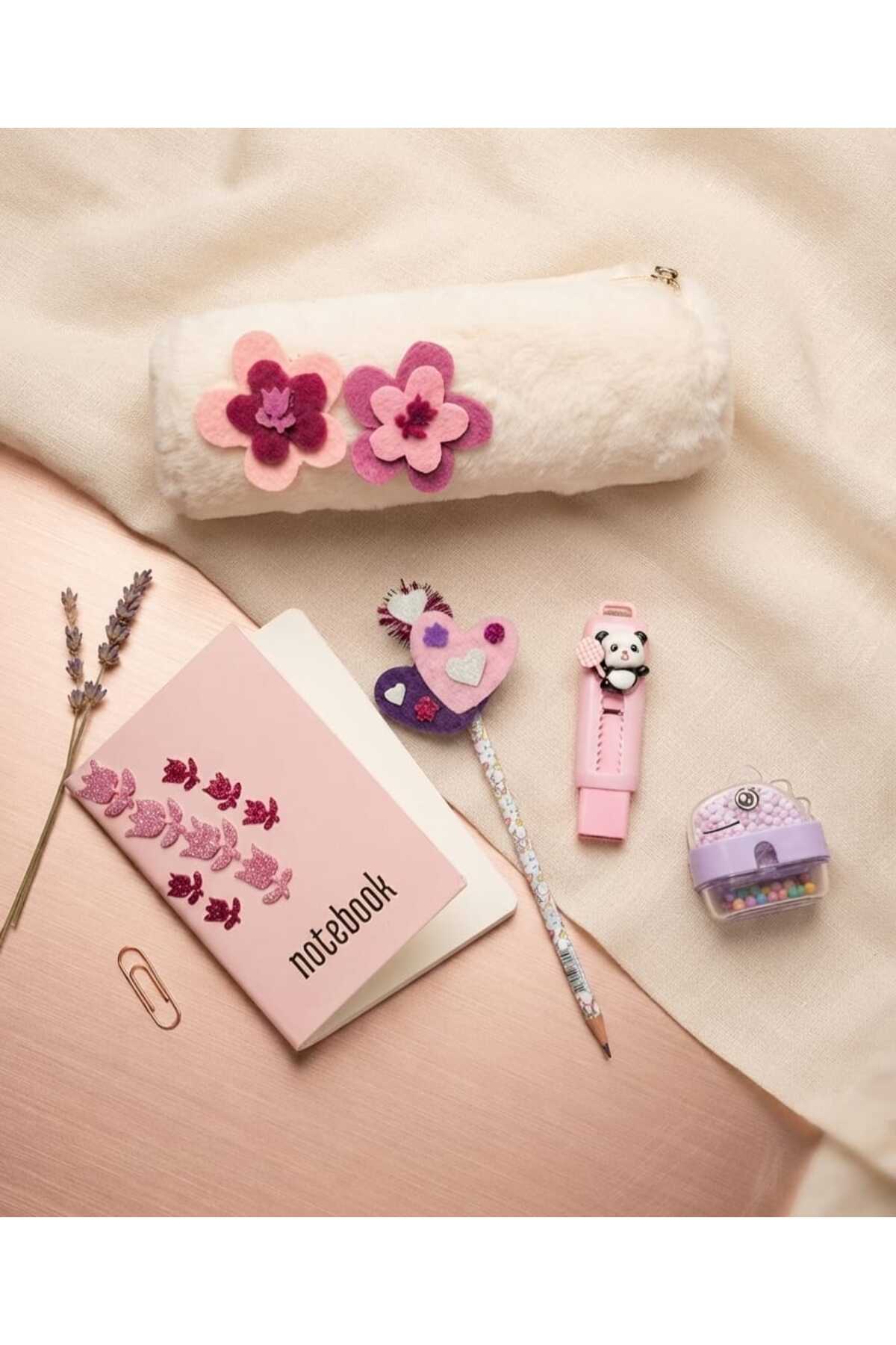 Kız Çocuk Pembe Mor Çiçek Figürlü Keçe Detaylı Karne Doğum Günü Okula Başlama Kırtasiye Hediye Seti(5 ADET ÜRÜN) - Görsel 3