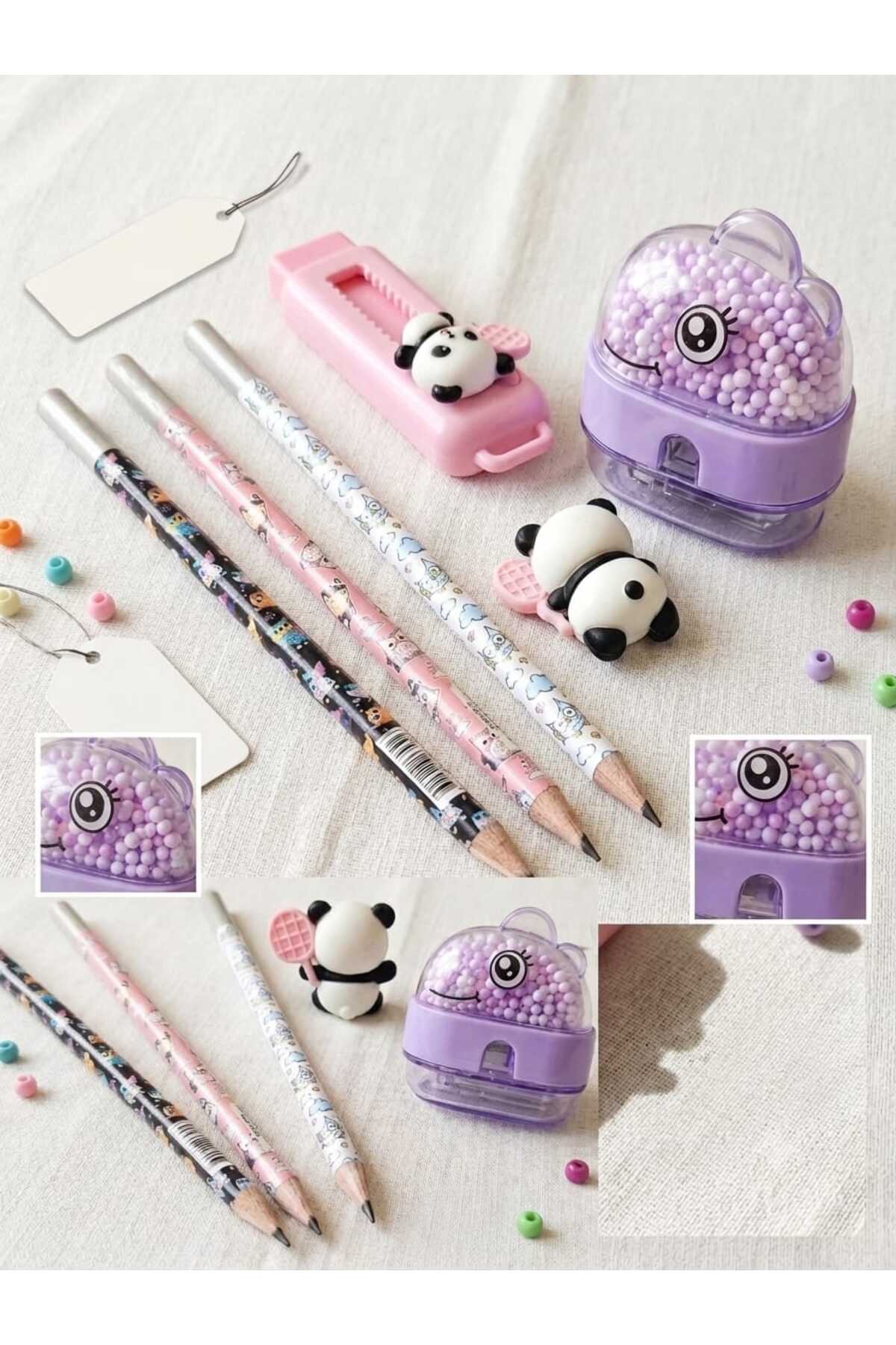 Hediyelik Pembe Baykuş Kurşun Kalem Boncuklu Kalemtraş Sürgülü Silgi Hediye Okul Mini Kırtasiye Seti