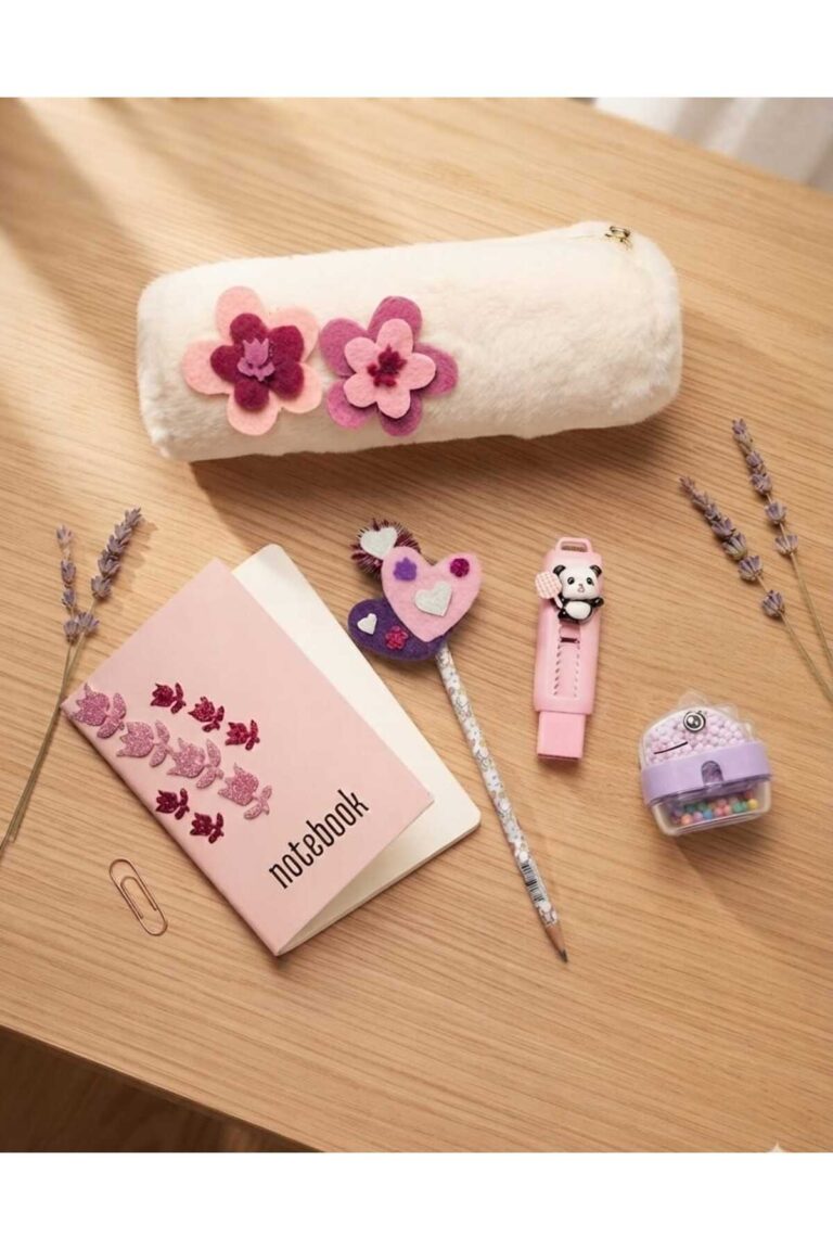 Kız Çocuk Pembe Mor Çiçek Figürlü Keçe Detaylı Karne Doğum Günü Okula Başlama Kırtasiye Hediye Seti(5 ADET ÜRÜN)