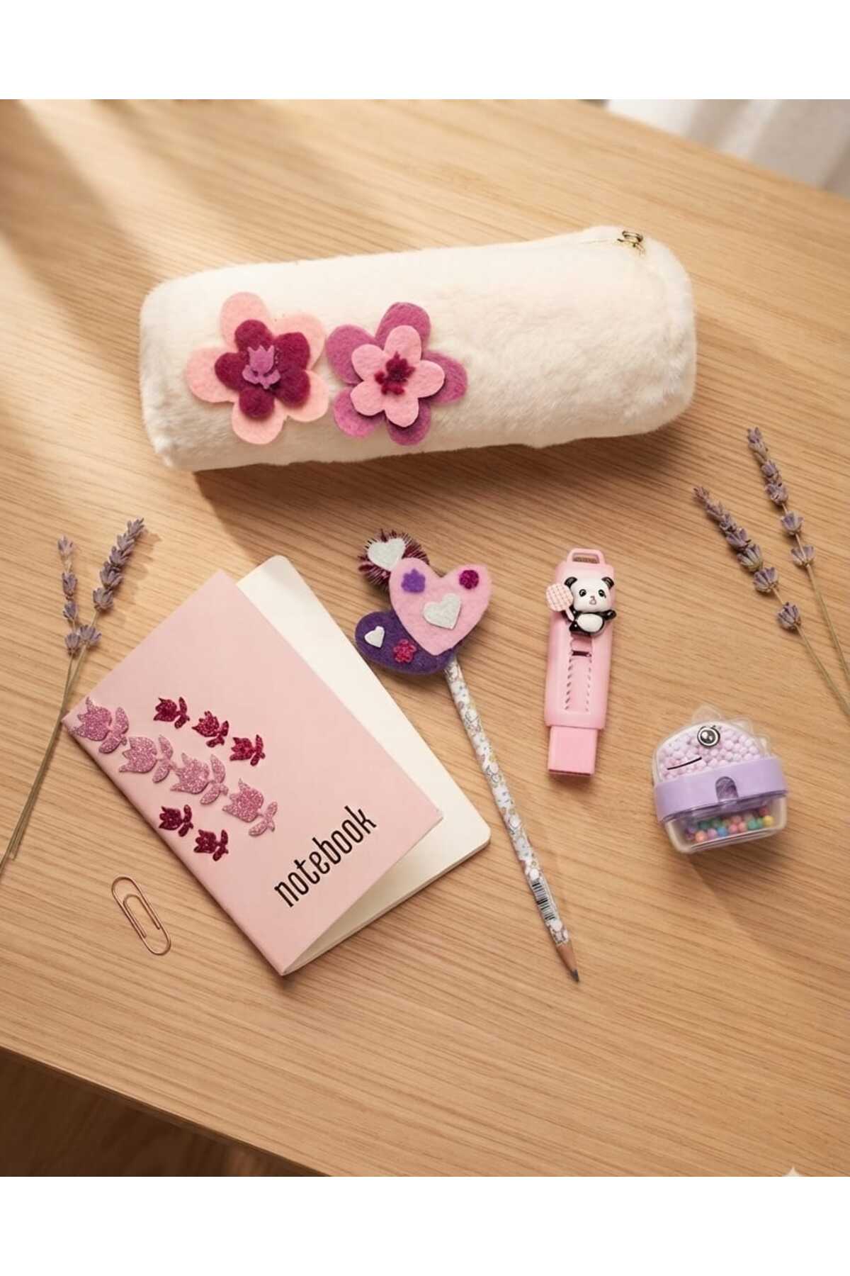 Kız Çocuk Pembe Mor Çiçek Figürlü Keçe Detaylı Karne Doğum Günü Okula Başlama Kırtasiye Hediye Seti(5 ADET ÜRÜN)