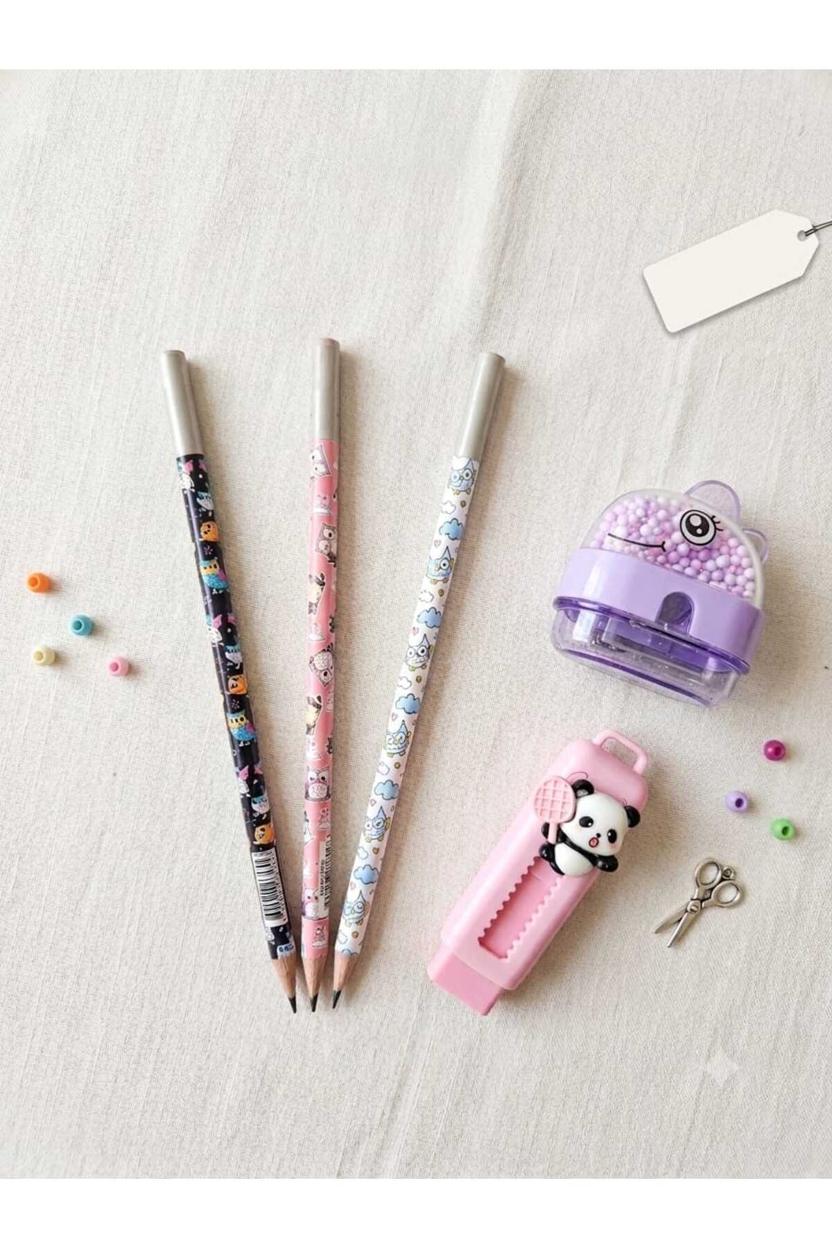 Hediyelik Pembe Baykuş Kurşun Kalem Boncuklu Kalemtraş Sürgülü Silgi Hediye Okul Mini Kırtasiye Seti - Görsel 2
