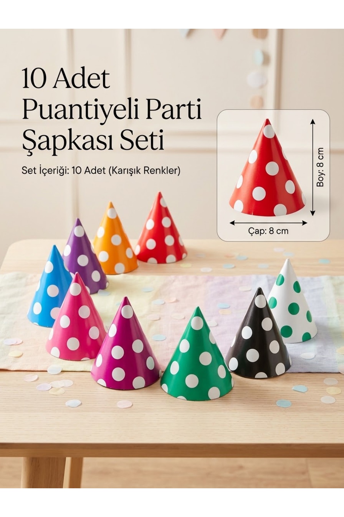 Doğum Günü Kutlama Puanlı Desenli Sevimli Çok Renkli 10 lu Kutlama Peluş Oyuncak Parti Şapkası - Görsel 2