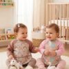 Kız Çocuk Bebek Pembe Gökkuşağı Kalp Figürlü Sıvı Geçirmez İkili Uzun Kollu Mama Beslenme Önlüğü Seti