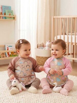 Kız Çocuk Bebek Pembe Gökkuşağı Kalp Figürlü Sıvı Geçirmez İkili Uzun Kollu Mama Beslenme Önlüğü Seti
