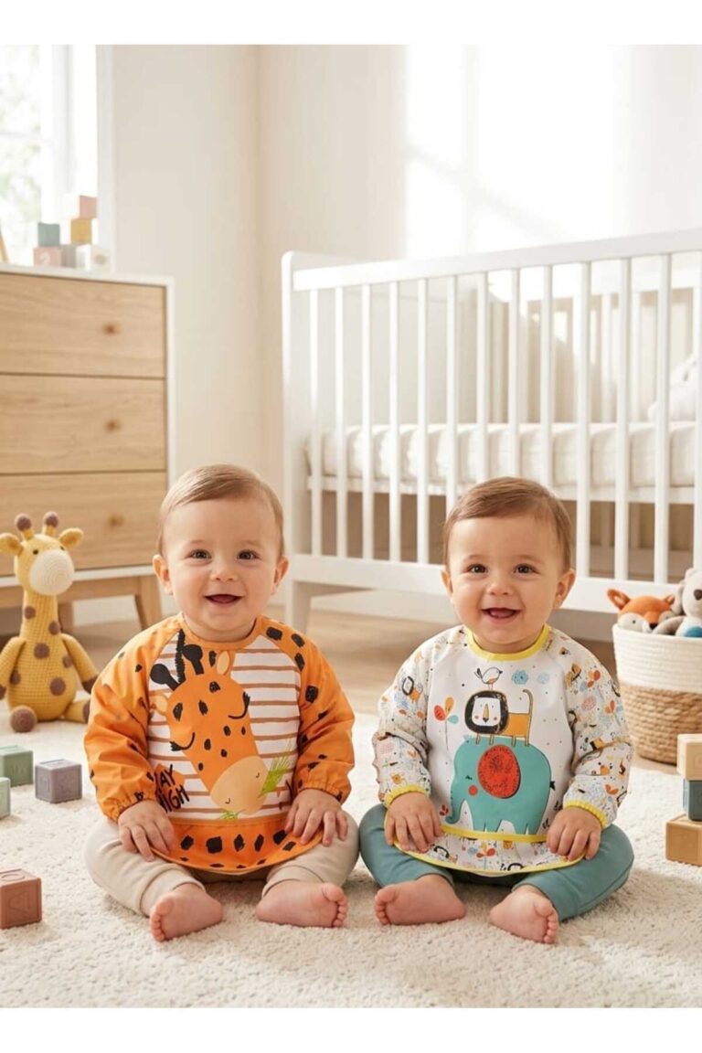 Bebek Turuncu Yeşil Desenli Figürlü Su Geçirmez Uzun Kol Yemek Önlüğü Mama Önlüğü