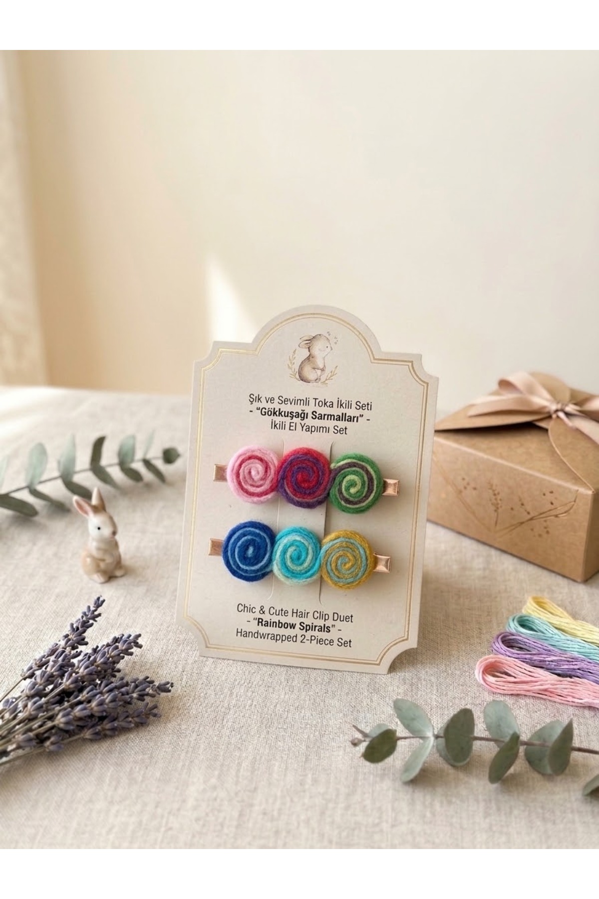 Kız Çocuk Pastel Renkli Sevimli Şeker Rengarenk Gök Kuşağı Sarmal Figürlü Hediye Tasarım Keçe Klips Toka Seti(5Cm)