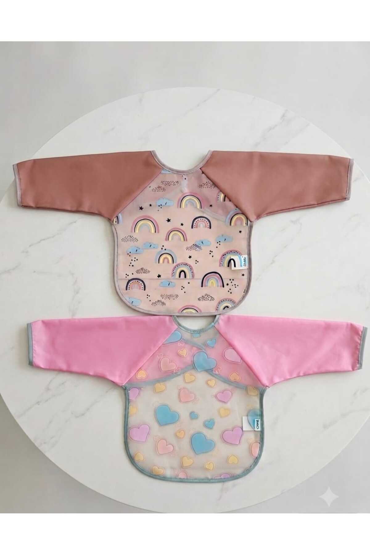 Kız Çocuk Bebek Pembe Gökkuşağı Kalp Figürlü Sıvı Geçirmez İkili Uzun Kollu Mama Beslenme Önlüğü Seti - Görsel 2