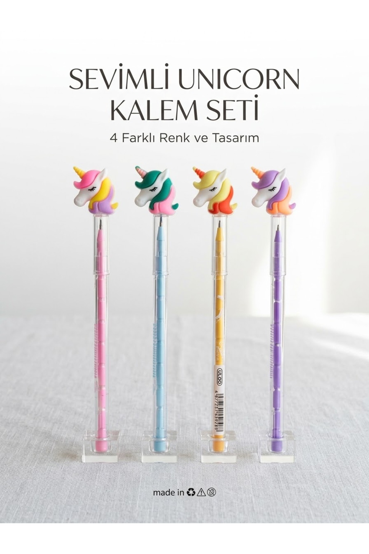 Kız Çocuk Unicorn Figürlü Pembe Mor Desenli Kurşun Kalem Renkli Hediye Okul Yumurtlayan Kalem Seti - Görsel 2