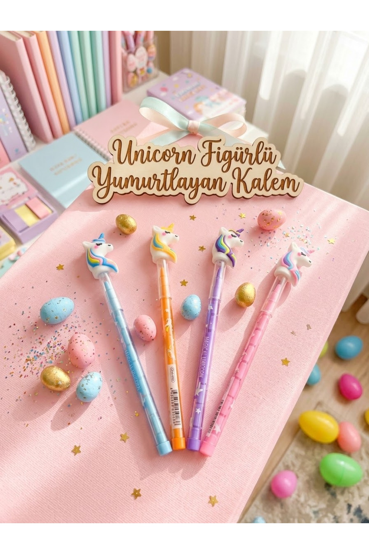 Kız Çocuk Unicorn Figürlü Pembe Mor Desenli Kurşun Kalem Renkli Hediye Okul Yumurtlayan Kalem Seti