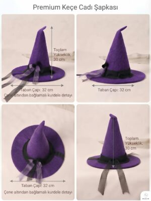 Alternative view of Mor Siyah Keçe Özel Tasarım Tohum Kurdela Detaylı Kutlama Kostüm Doğum Günü Cadılar Bayramı Etkinlik Aksesuar Dekoratif Yılbaşı Halloween Cadı Şapkası(1 Adet)