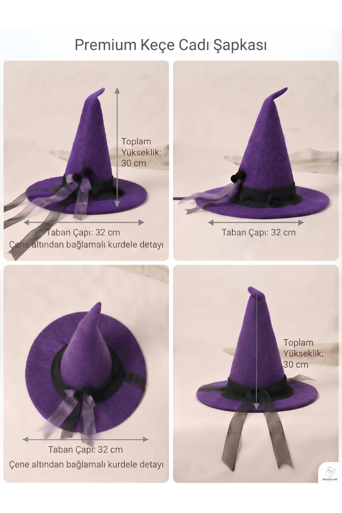 Mor Siyah Keçe Özel Tasarım Tohum Kurdela Detaylı Kutlama Kostüm Doğum Günü Cadılar Bayramı Etkinlik Aksesuar Dekoratif Yılbaşı Halloween Cadı Şapkası(1 Adet) - Görsel 2
