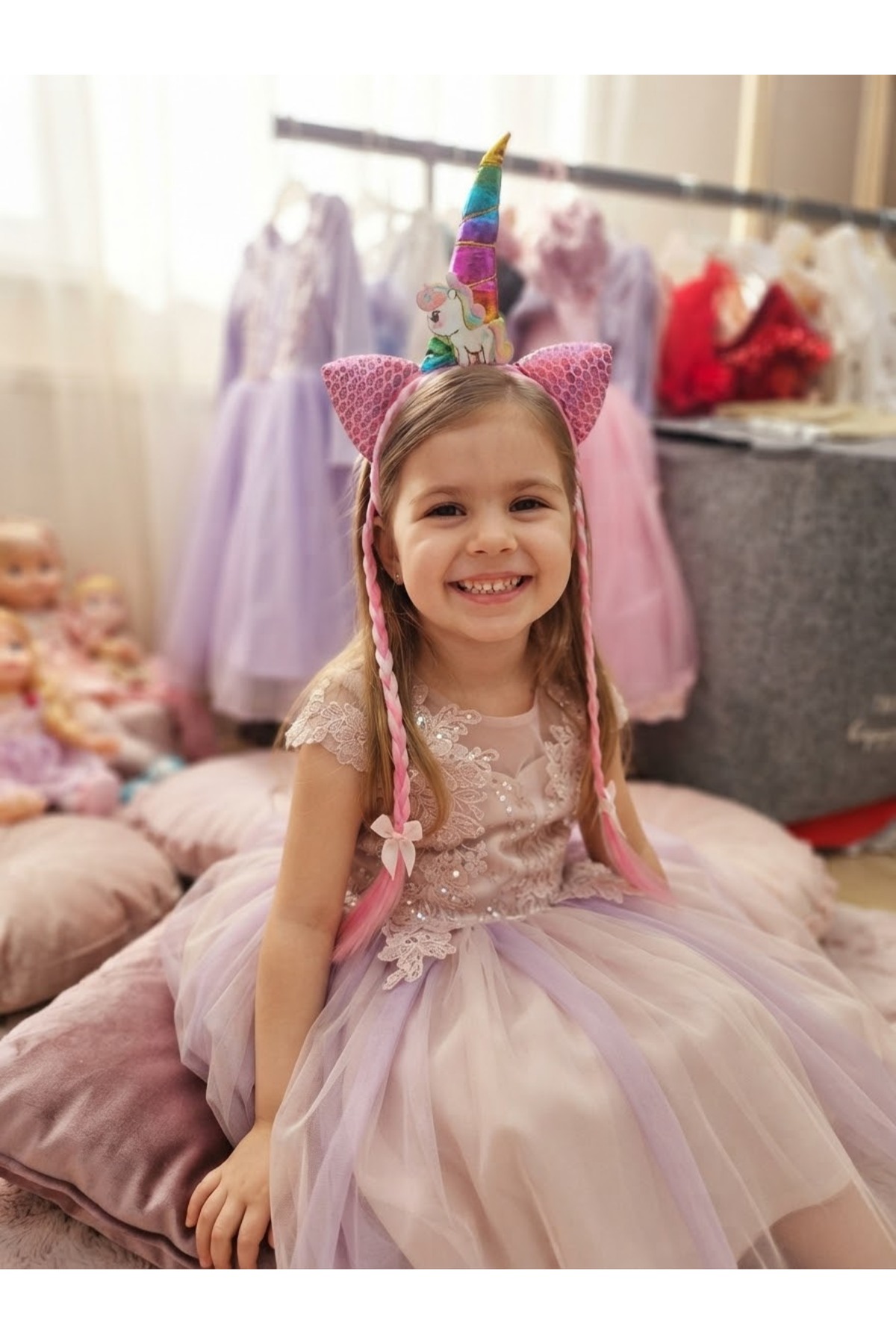Kız Çocuk Unicorn Pembe Gökkuşağı Rengarenk Doğum Günü Kutlama Hediye Parti Prenses Tacı
