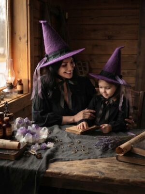 Mor Siyah Keçe Özel Tasarım Tohum Kurdela Detaylı Kutlama Kostüm Doğum Günü Cadılar Bayramı Etkinlik Aksesuar Dekoratif Yılbaşı Halloween Cadı Şapkası(1 Adet)