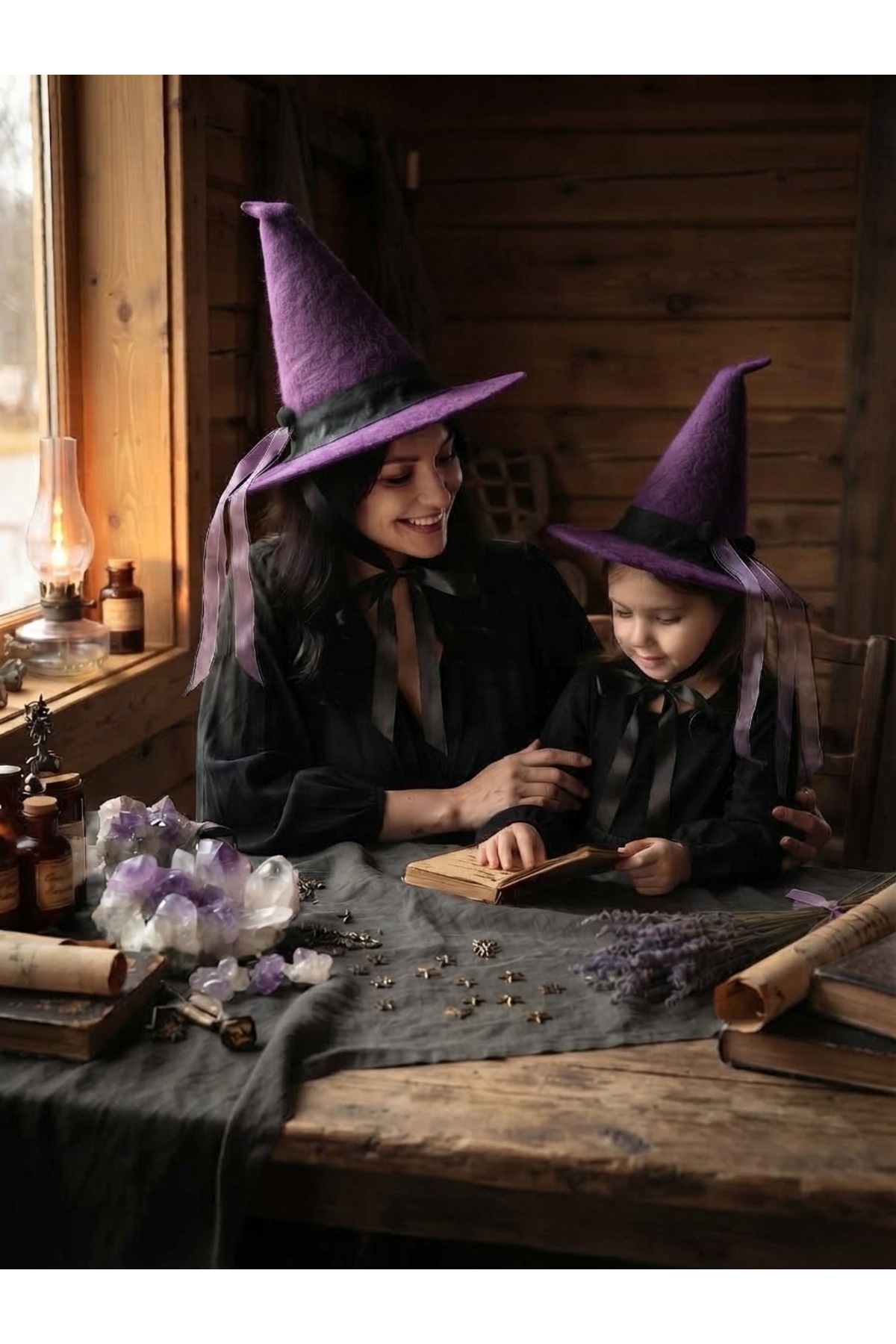 Mor Siyah Keçe Özel Tasarım Tohum Kurdela Detaylı Kutlama Kostüm Doğum Günü Cadılar Bayramı Etkinlik Aksesuar Dekoratif Yılbaşı Halloween Cadı Şapkası(1 Adet)
