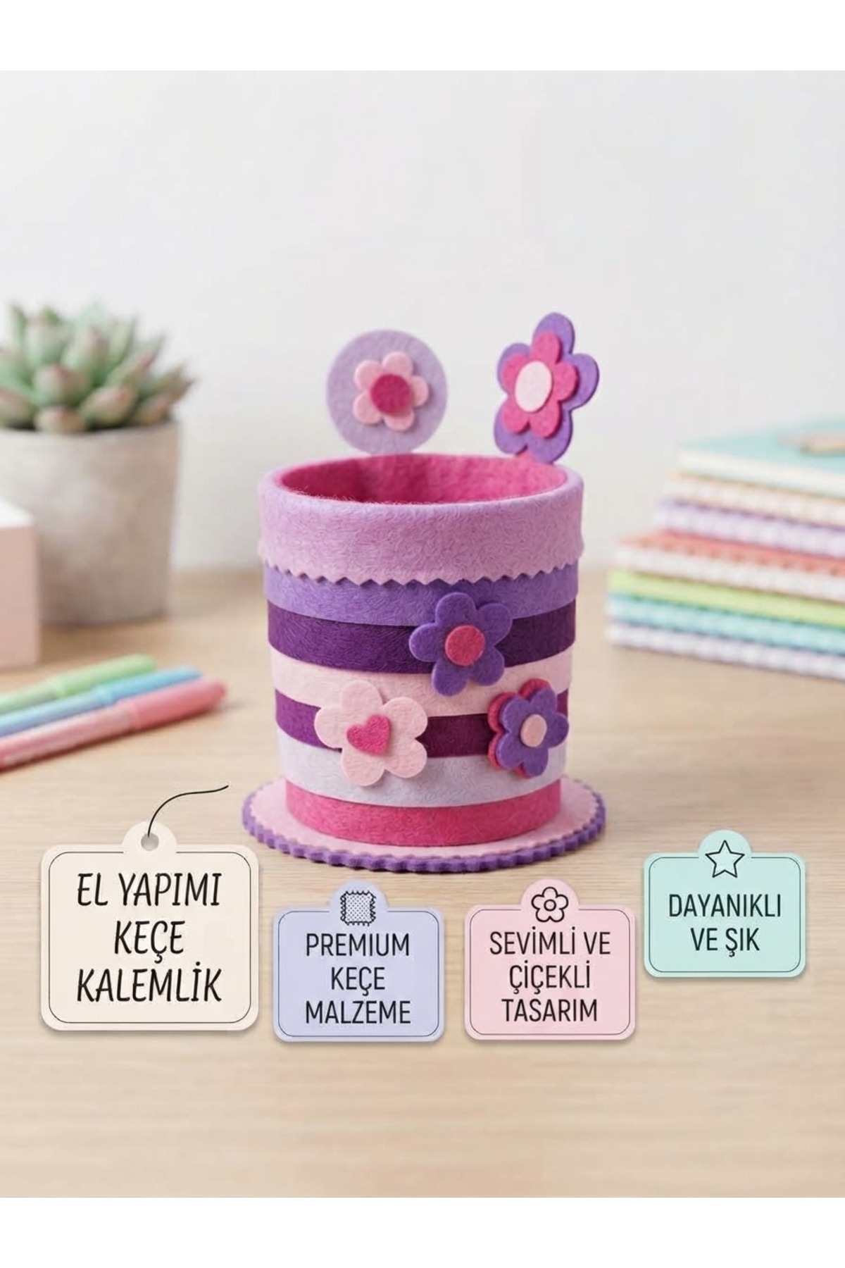 Pembe Pastel Tonlar Renk Çiçek Figürlü Dekoratif Sevimli Şık Keçe Dayanıklı Hediye Doğum Günü Kalemlik - Görsel 3