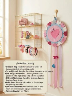 Alternative view of Kız Çocuk Pembe Parlak Kalpler Figürlü Renkli Sevimli Şık Hediye Doğal Tasarım Duvar Süsü Kapı Süsü Toka Organizeri
