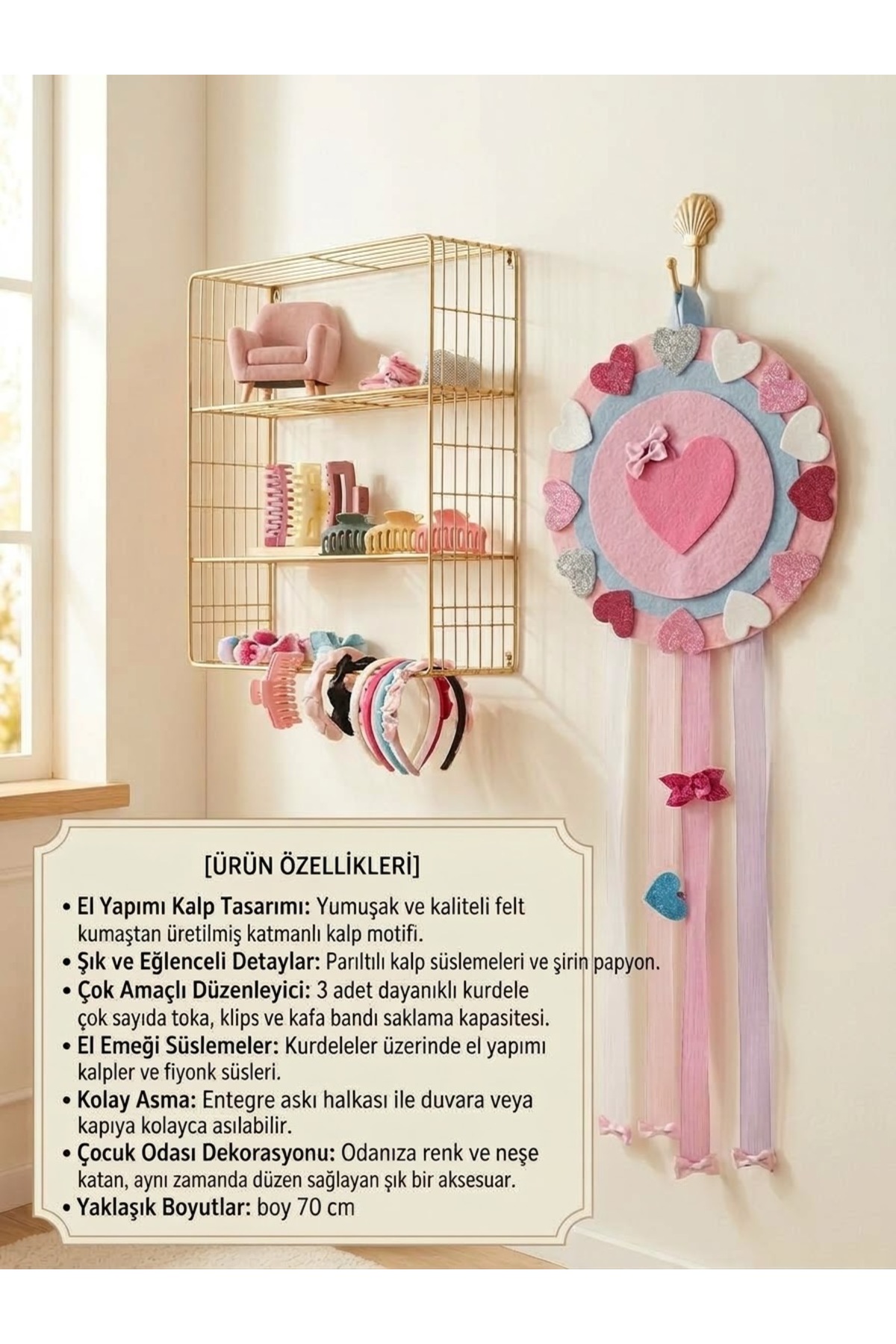 Kız Çocuk Pembe Parlak Kalpler Figürlü Renkli Sevimli Şık Hediye Doğal Tasarım Duvar Süsü Kapı Süsü Toka Organizeri - Görsel 2