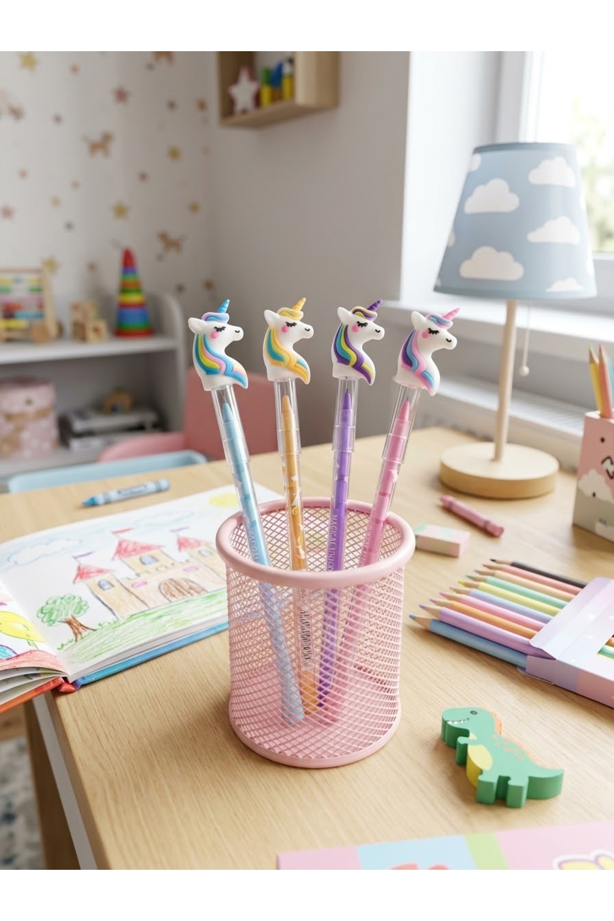 Kız Çocuk Unicorn Figürlü Pembe Mor Desenli Kurşun Kalem Renkli Hediye Okul Yumurtlayan Kalem Seti - Görsel 2