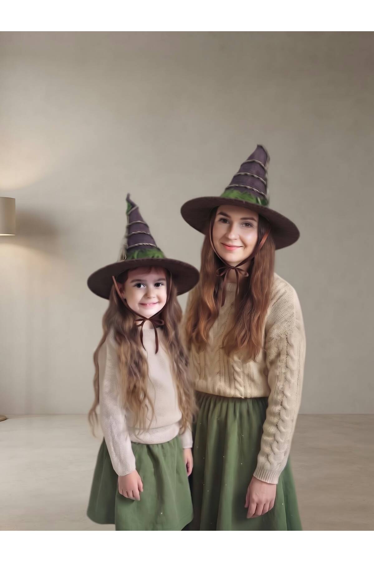 Yeşil Kahve Keçe Özel Tasarım Ağaç Dalı Yaprak Kurdela Detaylı Kutlama Kostüm Doğum Günü Cadılar Bayramı Etkinlik Aksesuar Dekoratif Yılbaşı Halloween Cadı Şapkası(1 Adet) - Görsel 2