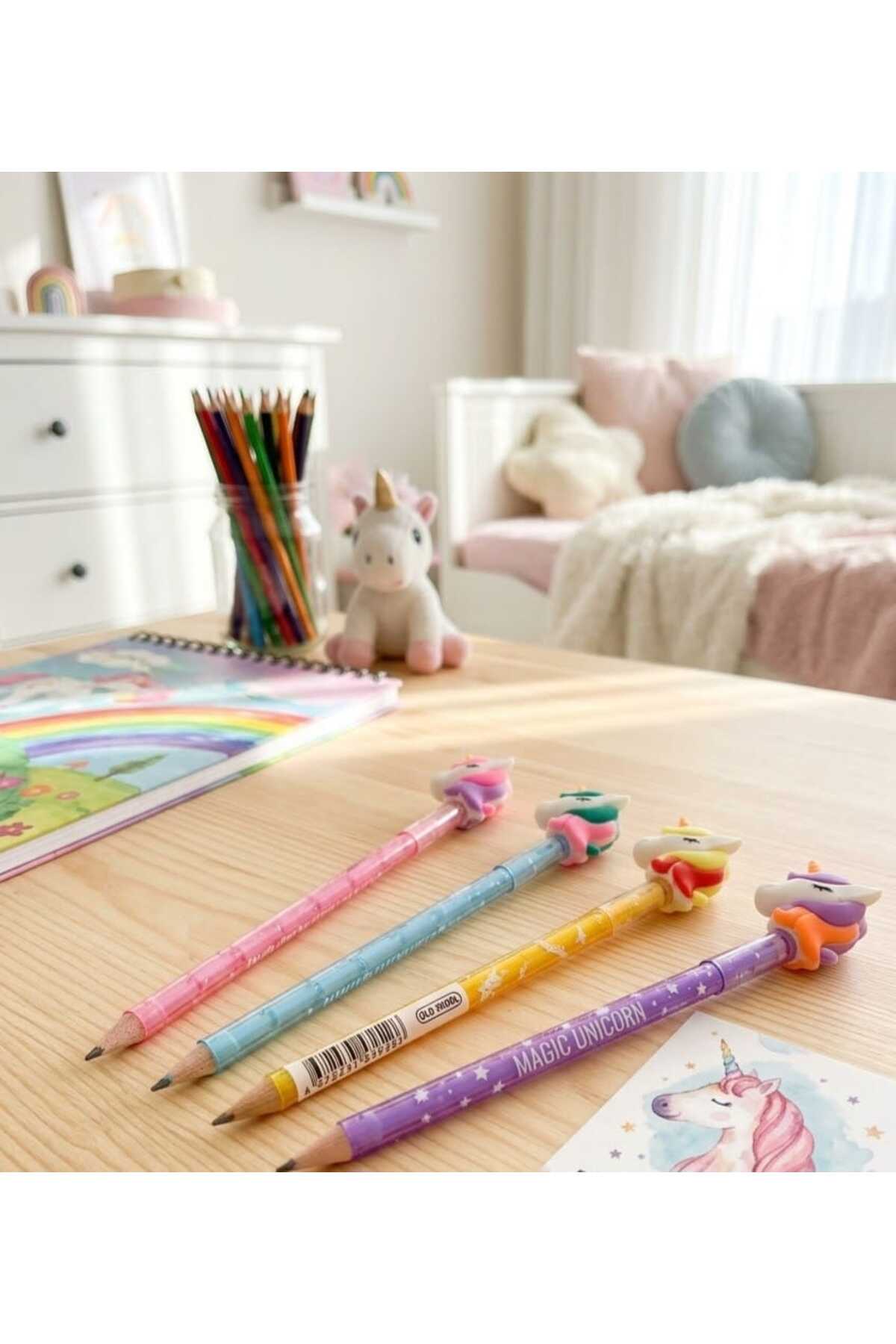 Kız Çocuk Unicorn Figürlü Pembe Mor Desenli Kurşun Kalem Renkli Hediye Okul Yumurtlayan Kalem Seti